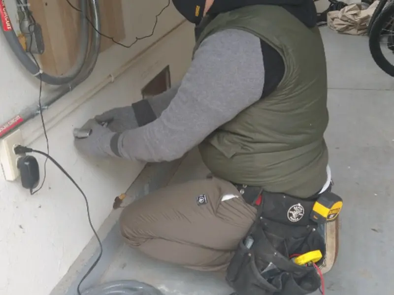 Electrician performing outlet wiring in a Orangetown garage